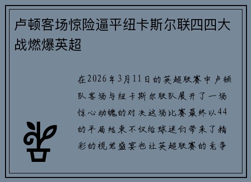 卢顿客场惊险逼平纽卡斯尔联四四大战燃爆英超