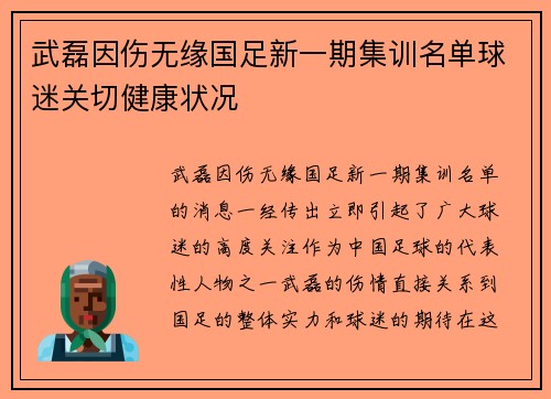 武磊因伤无缘国足新一期集训名单球迷关切健康状况